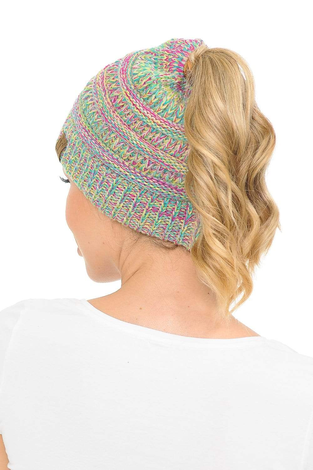 C.C Apparel C.C MB816 - Soft Stretch Cable Knit Warm Ponytail Hat 4 Toned Mixed Multi Color Beanie