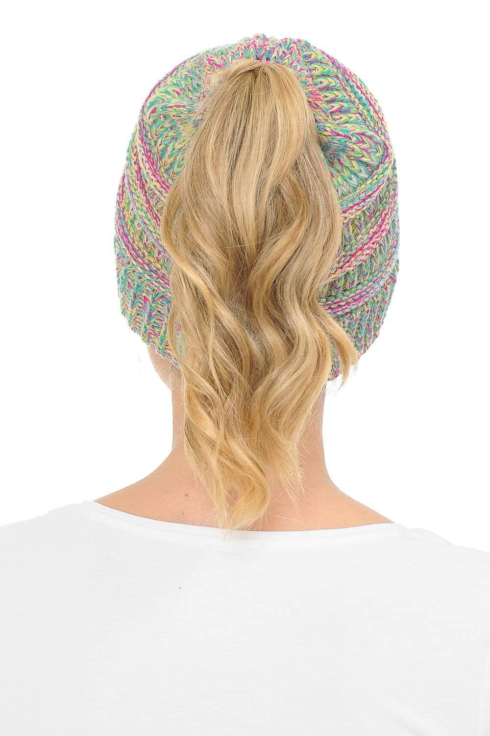 C.C Apparel C.C MB816 - Soft Stretch Cable Knit Warm Ponytail Hat 4 Toned Mixed Multi Color Beanie