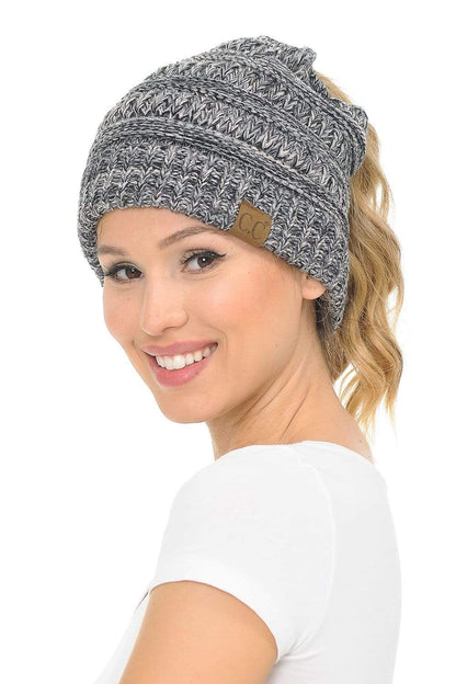 C.C Apparel C.C MB816 - Soft Stretch Cable Knit Warm Ponytail Hat 4 Toned Mixed Multi Color Beanie