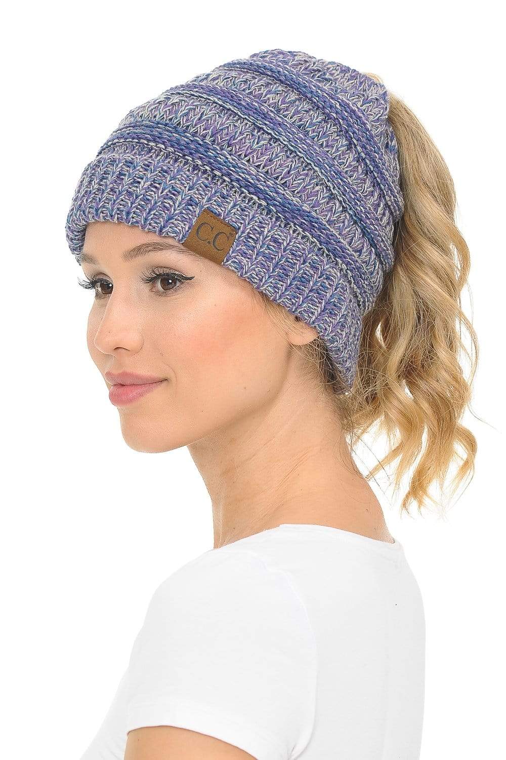 C.C Apparel Blue Purple Gray (#2) C.C MB816 - Soft Stretch Cable Knit Warm Ponytail Hat 4 Toned Mixed Multi Color Beanie
