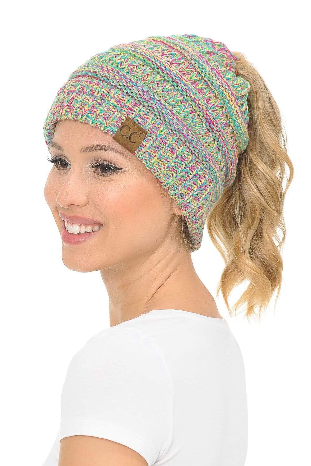 C.C Apparel Bright Mix (#11) C.C MB816 - Soft Stretch Cable Knit Warm Ponytail Hat 4 Toned Mixed Multi Color Beanie