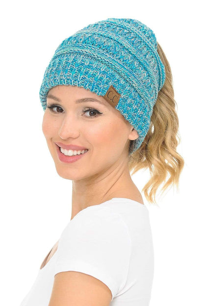 C.C Apparel Turquoise Mix (#15) C.C MB816 - Soft Stretch Cable Knit Warm Ponytail Hat 4 Toned Mixed Multi Color Beanie