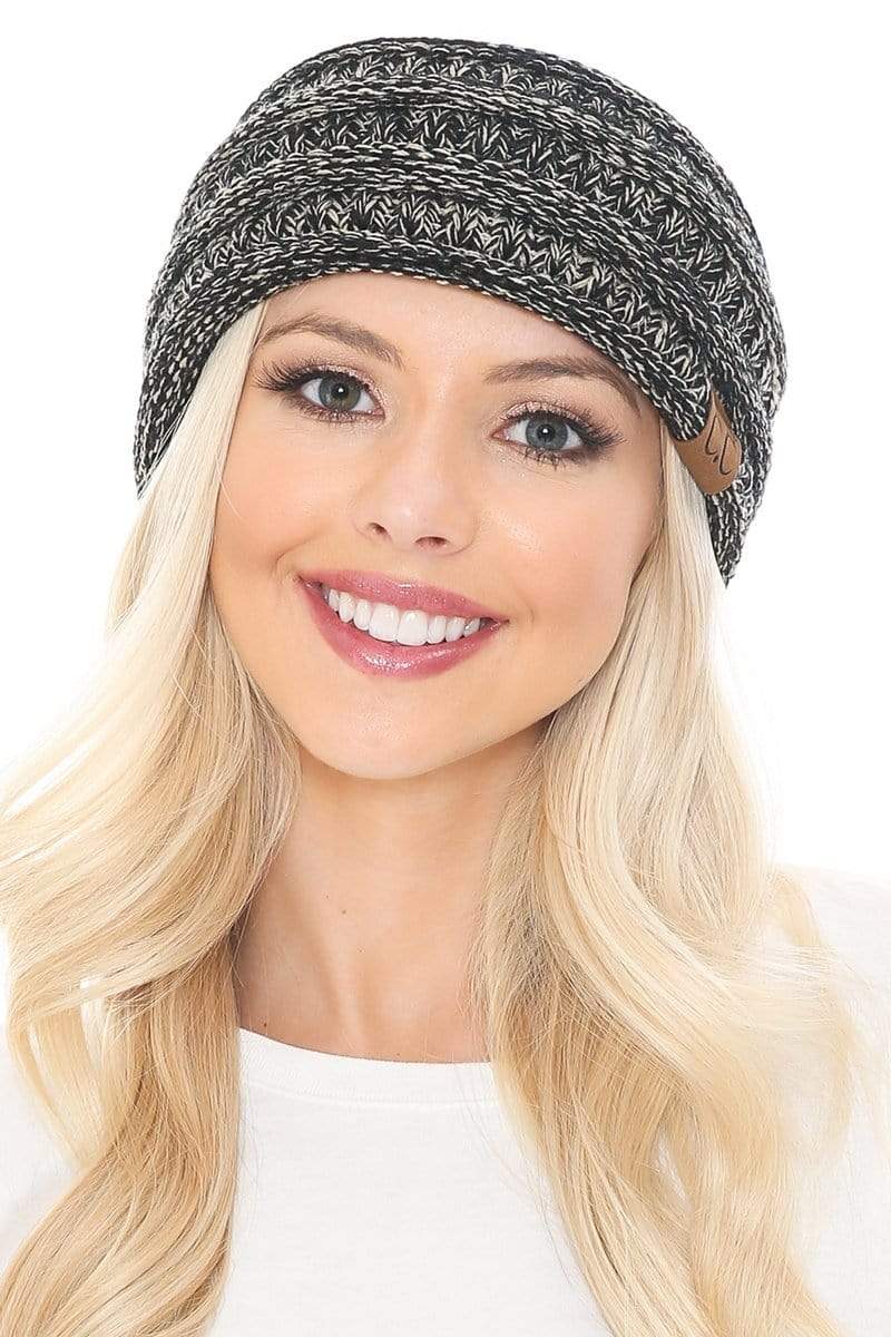 C.C Apparel 2 Tone Black/Dark Beige C.C Soft Stretch Winter Warm Cable Knit Fuzzy Lined Ribbed Ear Warmer Headband