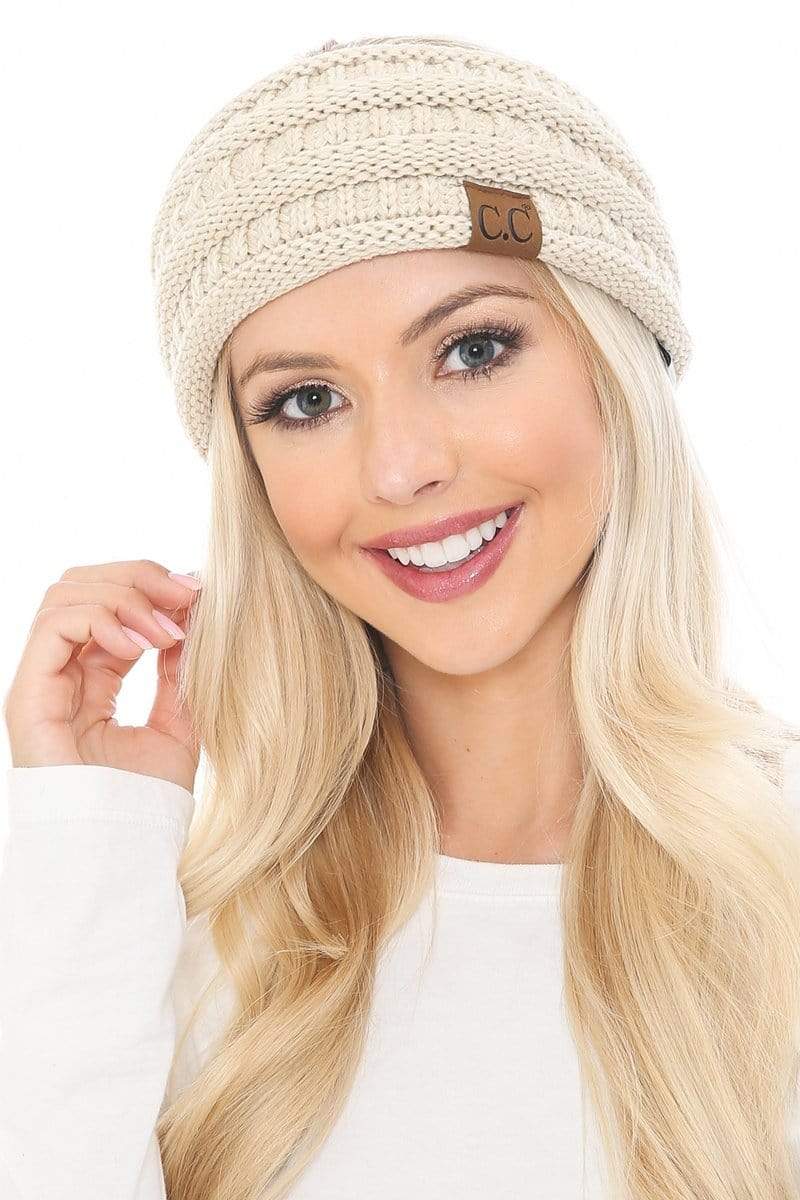 C.C Apparel Beige/Ivory C.C Soft Stretch Winter Warm Cable Knit Fuzzy Lined Ribbed Ear Warmer Headband