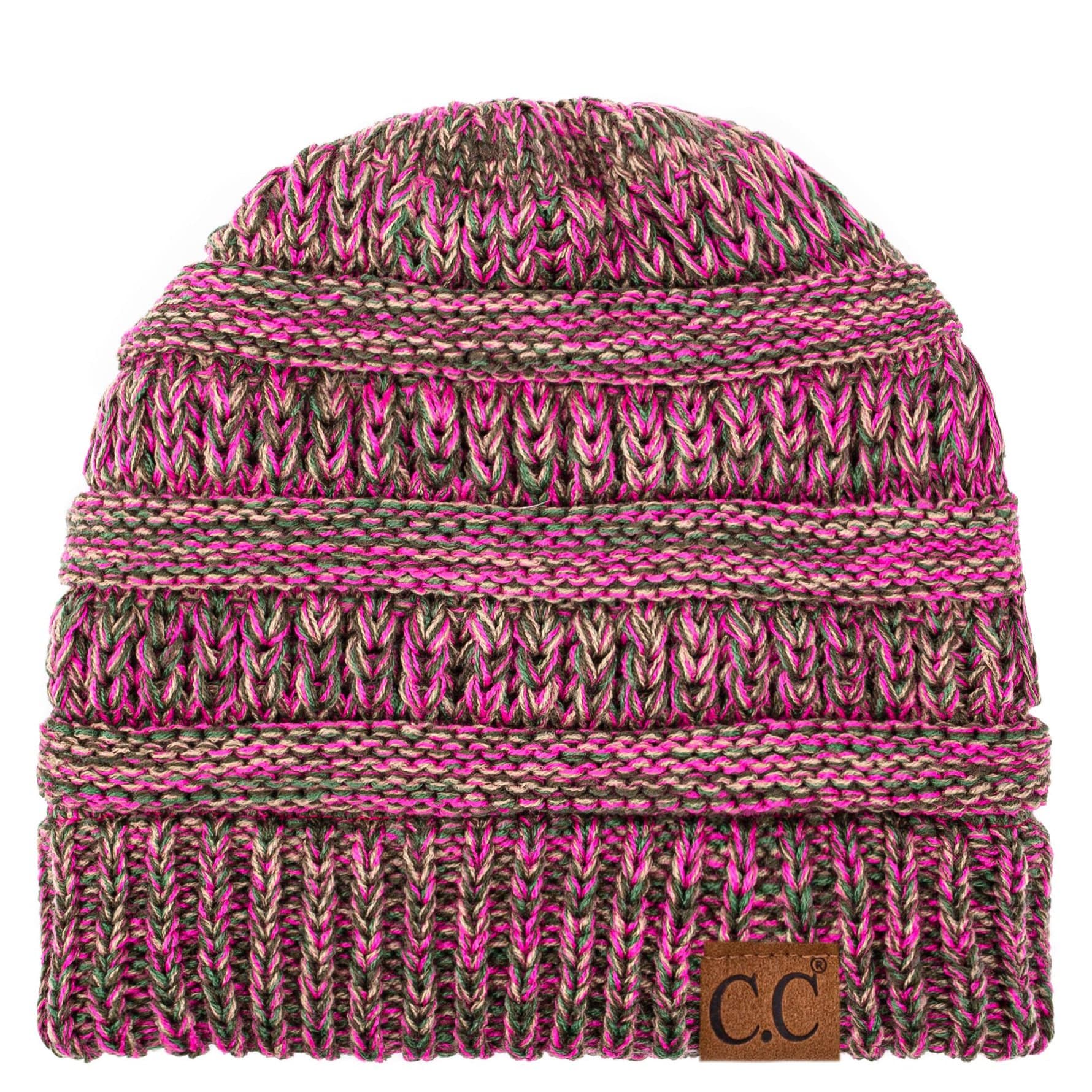C.C Apparel Hot Pink/Olive/Camel C.C Trendy Warm Chunky Soft Stretch Three-Toned Cable Knit Beanie Skully