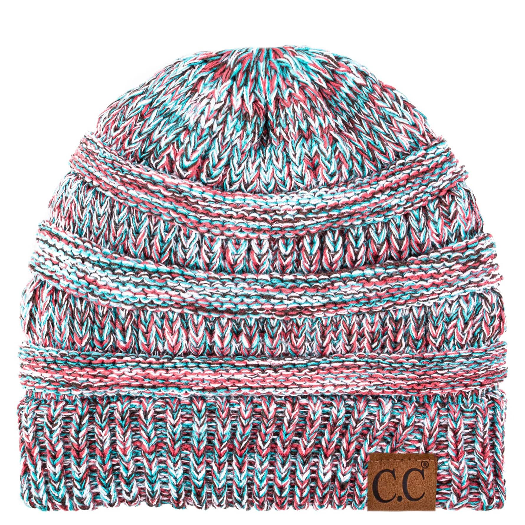 C.C Apparel Mint/Red Mix C.C Trendy Warm Chunky Soft Stretch Three-Toned Cable Knit Beanie Skully