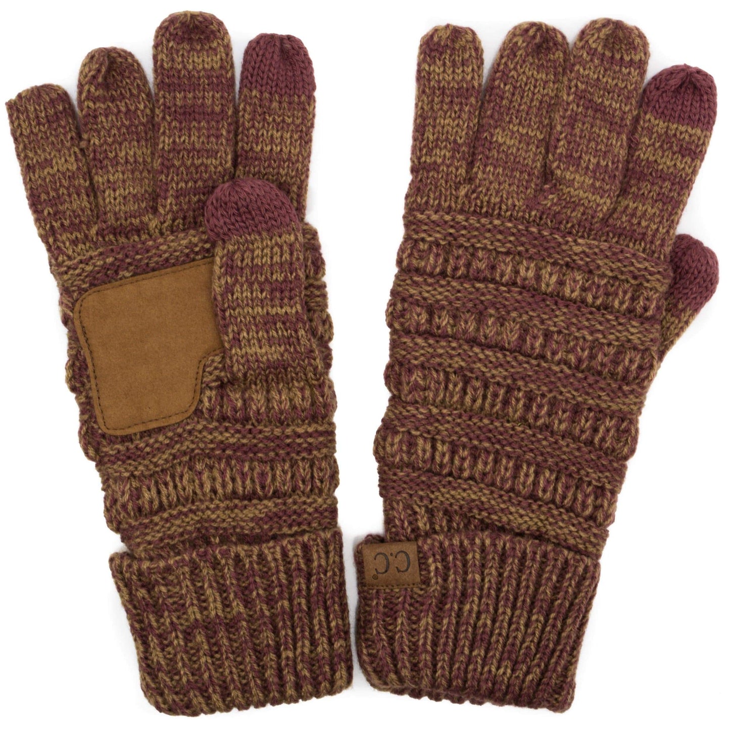 C.C Apparel Plum/Camel C.C Unisex Cable Knit Winter Warm Anti-Slip Two-Toned Touchscreen Texting Gloves