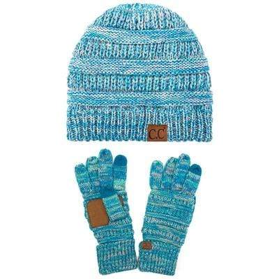 C.C Apparel C.C Unisex Soft Stretch Cable Knit Three Tone Beanie and Anti-Slip Touchscreen Gloves Set