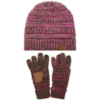 C.C Apparel Hot Pink/Olive/Camel C.C Unisex Soft Stretch Cable Knit Three Tone Beanie and Anti-Slip Touchscreen Gloves Set