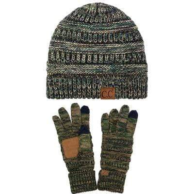 C.C Apparel Three Tone Olive C.C Unisex Soft Stretch Cable Knit Three Tone Beanie and Anti-Slip Touchscreen Gloves Set