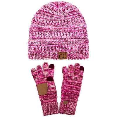 C.C Apparel Three Tone Pink C.C Unisex Soft Stretch Cable Knit Three Tone Beanie and Anti-Slip Touchscreen Gloves Set