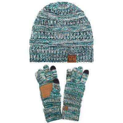 C.C Apparel Three Tone Teal C.C Unisex Soft Stretch Cable Knit Three Tone Beanie and Anti-Slip Touchscreen Gloves Set