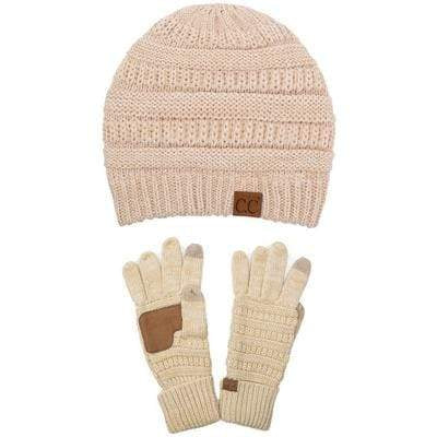 C.C Apparel Beige/Ivory C.C Unisex Soft Stretch Cable Knit Two Tone Beanie and Anti-Slip Touchscreen Gloves Set