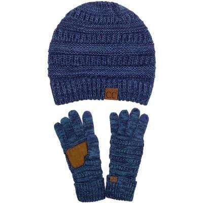 C.C Apparel Blue/Denim C.C Unisex Soft Stretch Cable Knit Two Tone Beanie and Anti-Slip Touchscreen Gloves Set
