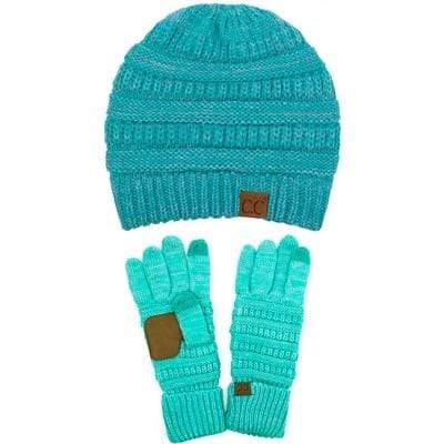 C.C Apparel Two Tone Aqua C.C Unisex Soft Stretch Cable Knit Two Tone Beanie and Anti-Slip Touchscreen Gloves Set