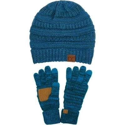 C.C Apparel Two Tone Blue/Teal C.C Unisex Soft Stretch Cable Knit Two Tone Beanie and Anti-Slip Touchscreen Gloves Set
