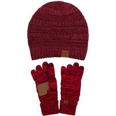 C.C Apparel Two Tone Burgundy C.C Unisex Soft Stretch Cable Knit Two Tone Beanie and Anti-Slip Touchscreen Gloves Set