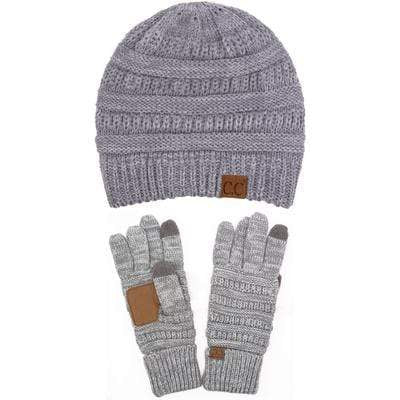 C.C Apparel Two Tone Grey C.C Unisex Soft Stretch Cable Knit Two Tone Beanie and Anti-Slip Touchscreen Gloves Set