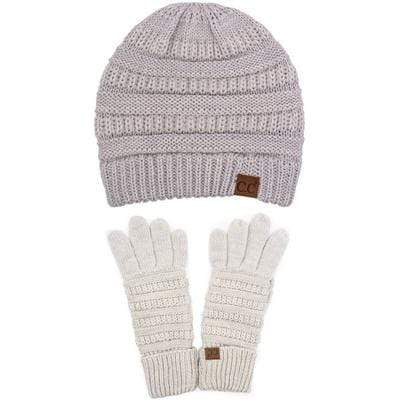 C.C Apparel Two Tone Lt Grey C.C Unisex Soft Stretch Cable Knit Two Tone Beanie and Anti-Slip Touchscreen Gloves Set