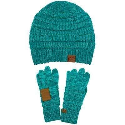 C.C Apparel Two Tone Mint C.C Unisex Soft Stretch Cable Knit Two Tone Beanie and Anti-Slip Touchscreen Gloves Set