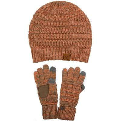 C.C Apparel Two Tone Orange/Taupe C.C Unisex Soft Stretch Cable Knit Two Tone Beanie and Anti-Slip Touchscreen Gloves Set