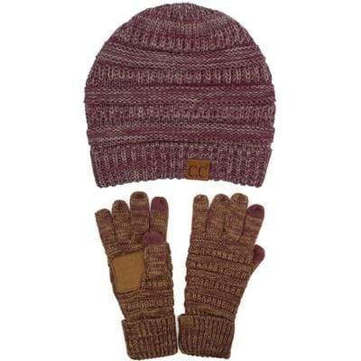 C.C Apparel Two Tone Plum/Camel C.C Unisex Soft Stretch Cable Knit Two Tone Beanie and Anti-Slip Touchscreen Gloves Set