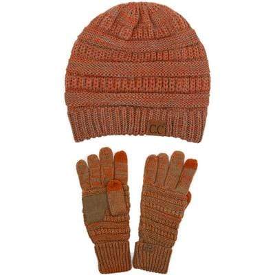 C.C Apparel Two Tone Rust/Camel C.C Unisex Soft Stretch Cable Knit Two Tone Beanie and Anti-Slip Touchscreen Gloves Set
