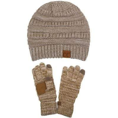 C.C Apparel Two Tone Taupe C.C Unisex Soft Stretch Cable Knit Two Tone Beanie and Anti-Slip Touchscreen Gloves Set