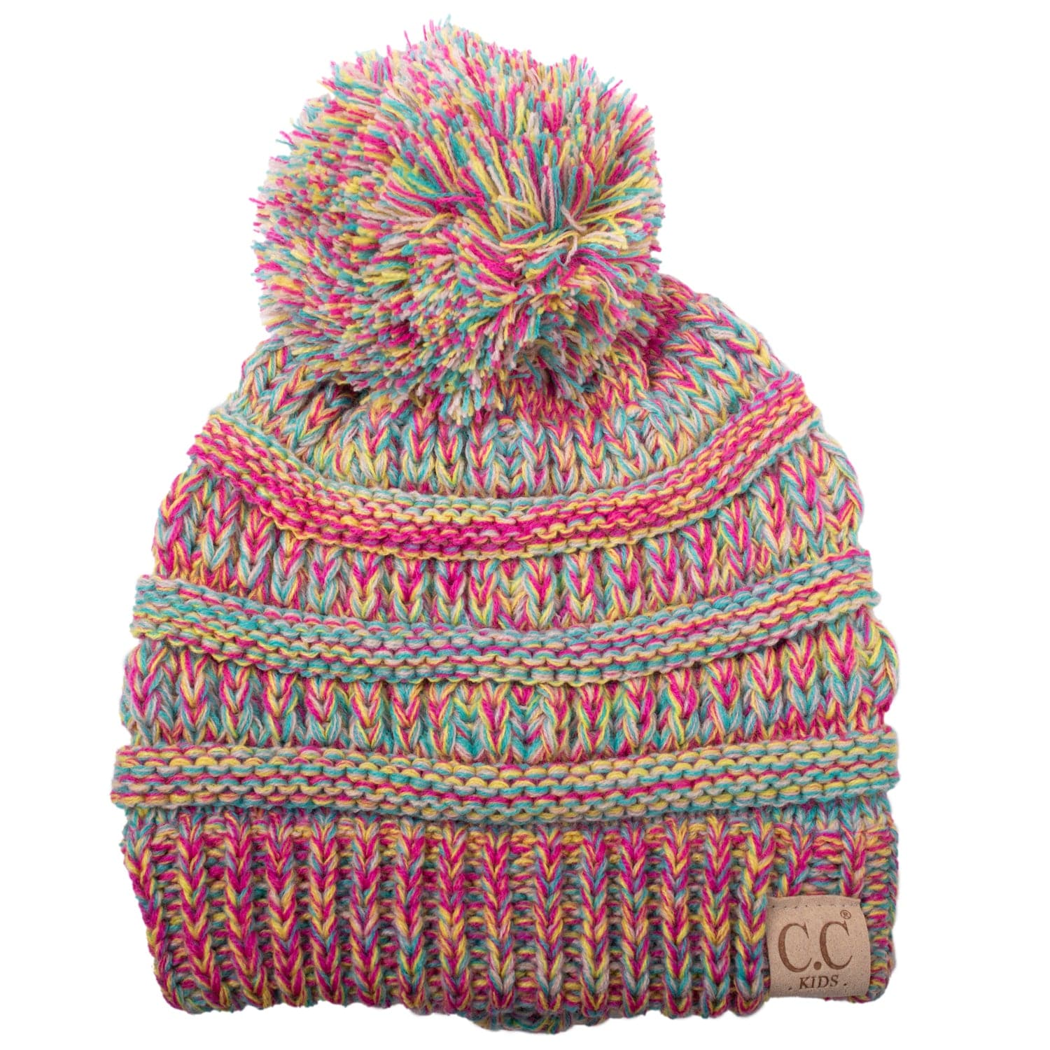 C.C Apparel C.C YJ816POM KIDS - Kids' Cute Warm and Comfy Children's Knit Ski Three Tone Beanie Pom Pom Hat