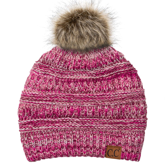 C.C Apparel Three Tone Pink C.C YJ816POM - Slouchy Thick Warm Cap Hat Skully Faux Fur Two Tone Pom Pom Cable Knit Beanie