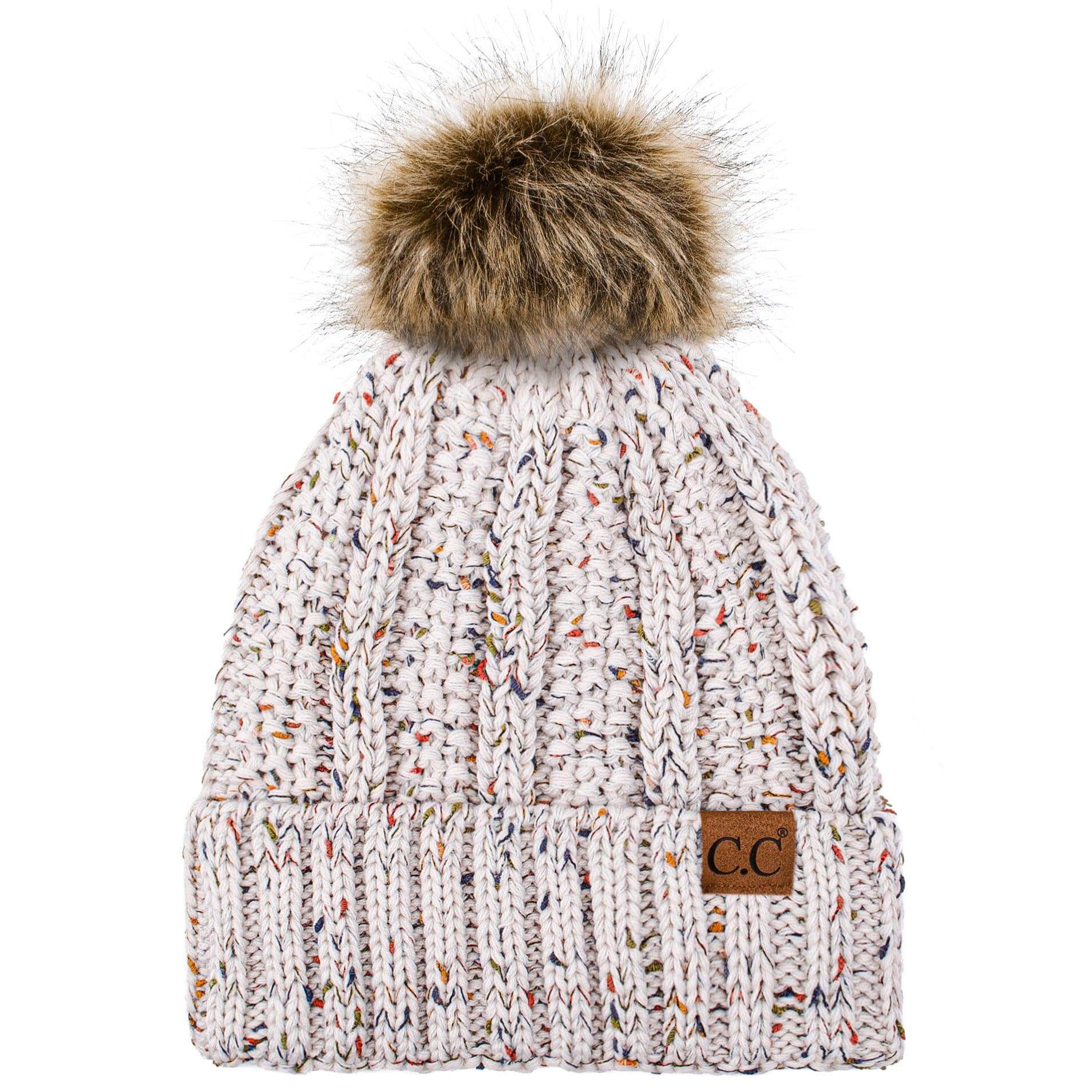 C.C Apparel C.C YJ820 - Thick Cable Knit Hat Faux Fur Pom Pom Fleece Lined Confetti Skull Cap Cuff Beanie