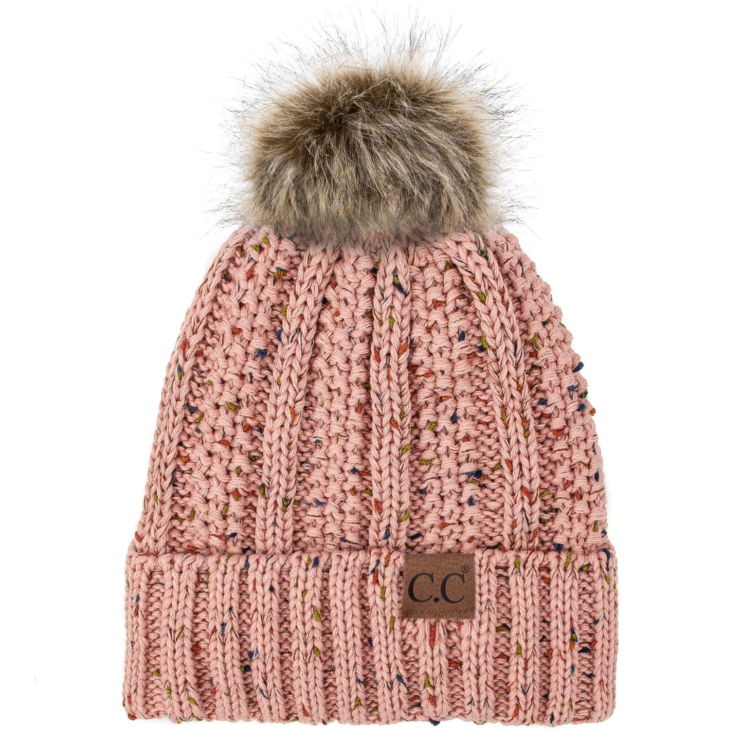 C.C Apparel C.C YJ820 - Thick Cable Knit Hat Faux Fur Pom Pom Fleece Lined Confetti Skull Cap Cuff Beanie