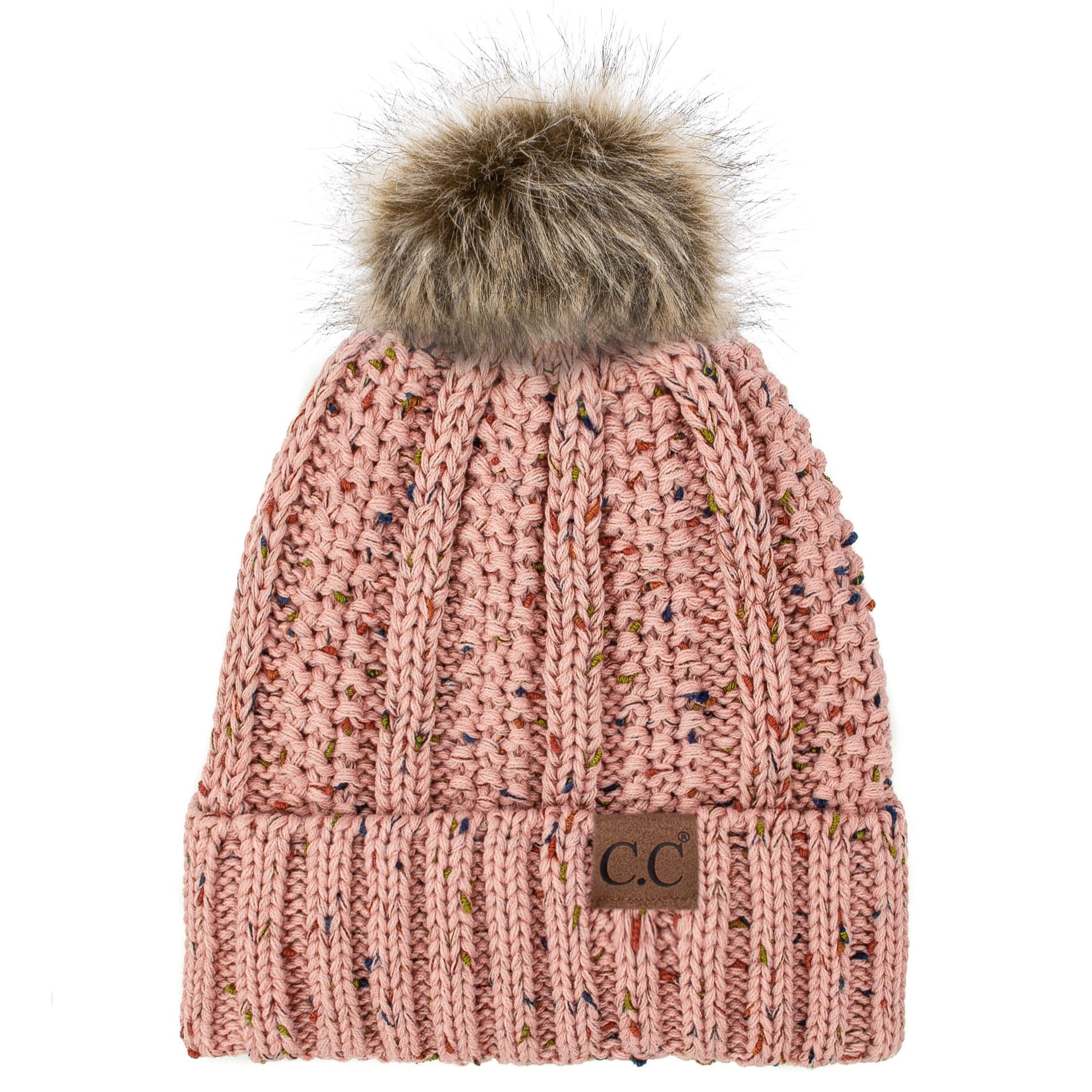 C.C Apparel C.C YJ820 - Thick Cable Knit Hat Faux Fur Pom Pom Fleece Lined Confetti Skull Cap Cuff Beanie