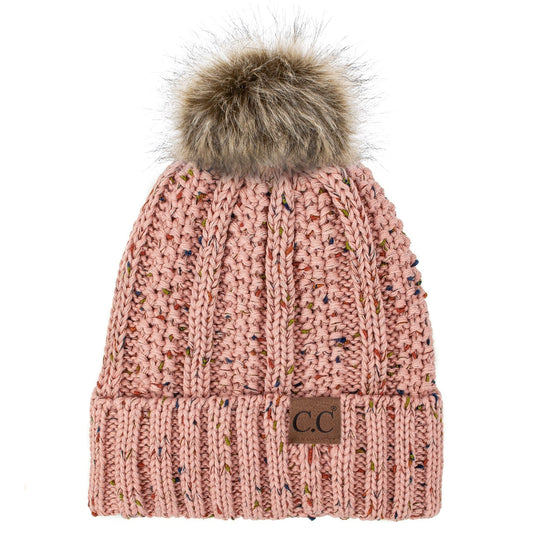 C.C Apparel C.C YJ820 - Thick Cable Knit Hat Faux Fur Pom Pom Fleece Lined Confetti Skull Cap Cuff Beanie