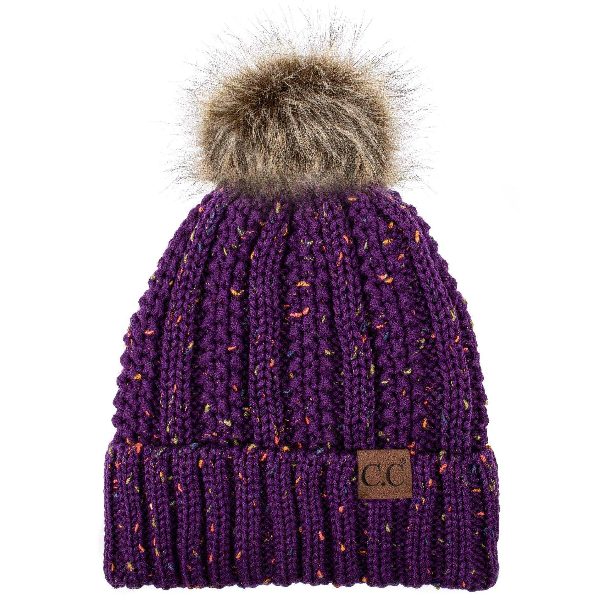 C.C Apparel C.C YJ820 - Thick Cable Knit Hat Faux Fur Pom Pom Fleece Lined Confetti Skull Cap Cuff Beanie
