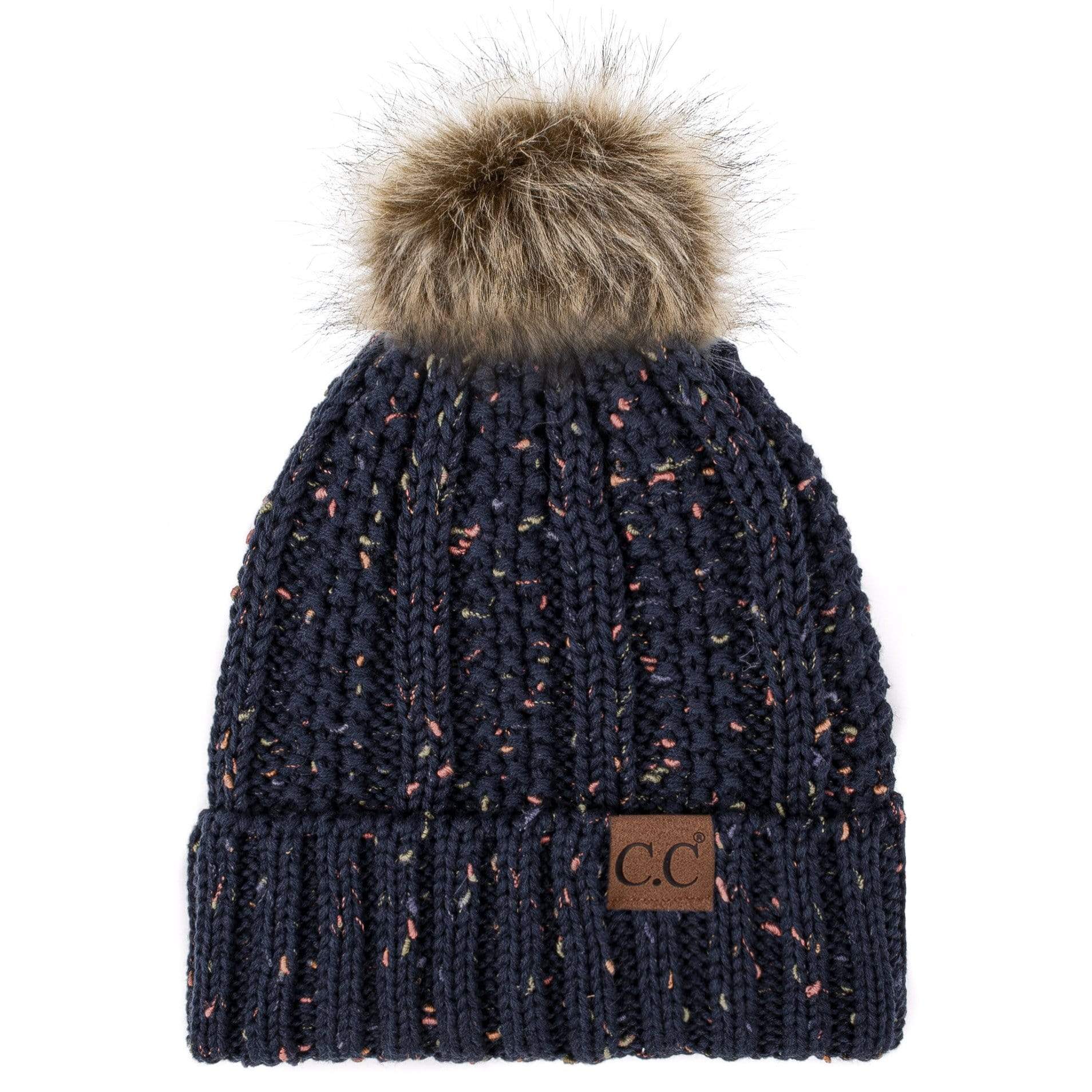 C.C Apparel C.C YJ820 - Thick Cable Knit Hat Faux Fur Pom Pom Fleece Lined Confetti Skull Cap Cuff Beanie