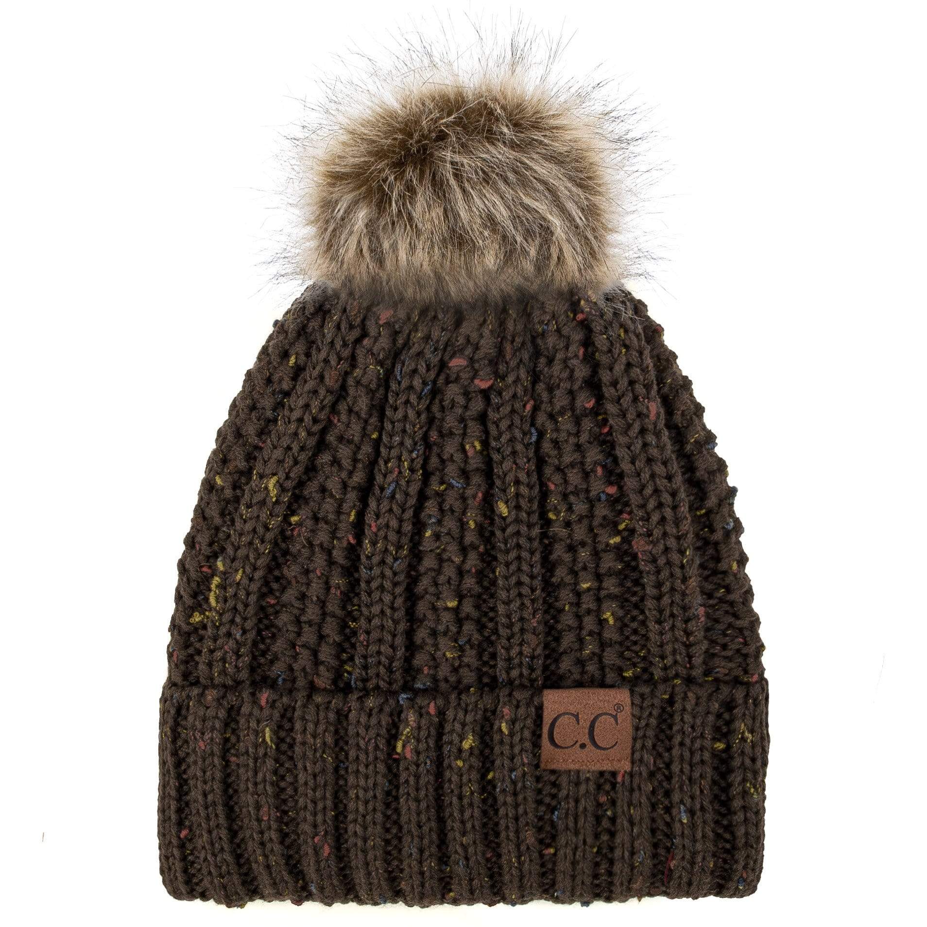 C.C Apparel C.C YJ820 - Thick Cable Knit Hat Faux Fur Pom Pom Fleece Lined Confetti Skull Cap Cuff Beanie