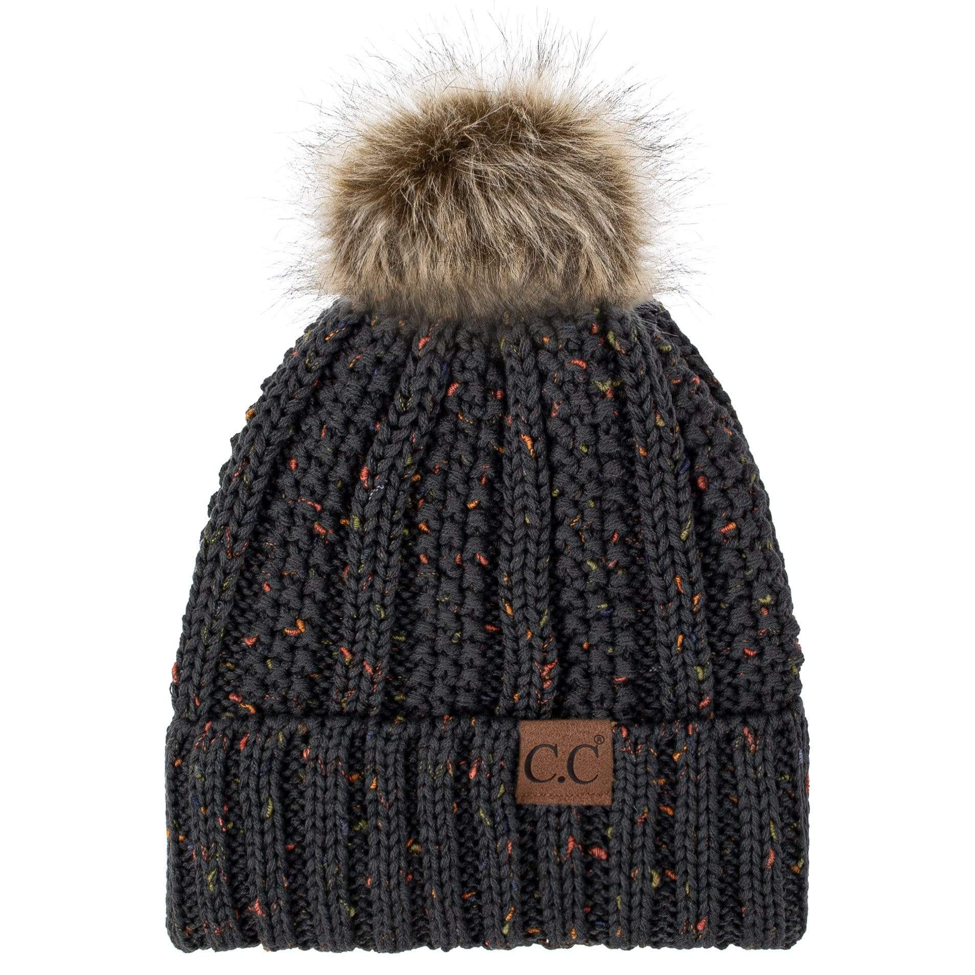 C.C Apparel C.C YJ820 - Thick Cable Knit Hat Faux Fur Pom Pom Fleece Lined Confetti Skull Cap Cuff Beanie