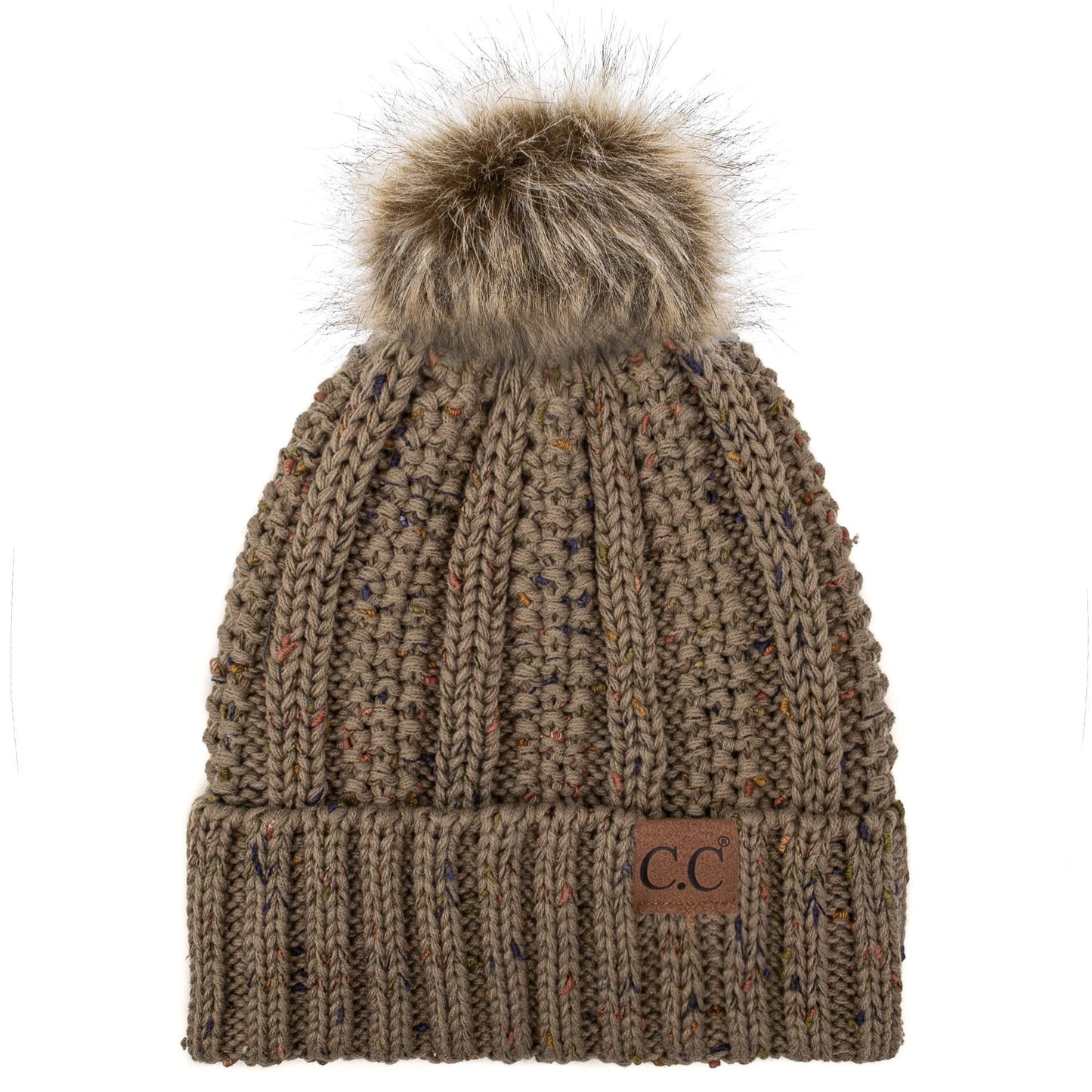 C.C Apparel C.C YJ820 - Thick Cable Knit Hat Faux Fur Pom Pom Fleece Lined Confetti Skull Cap Cuff Beanie