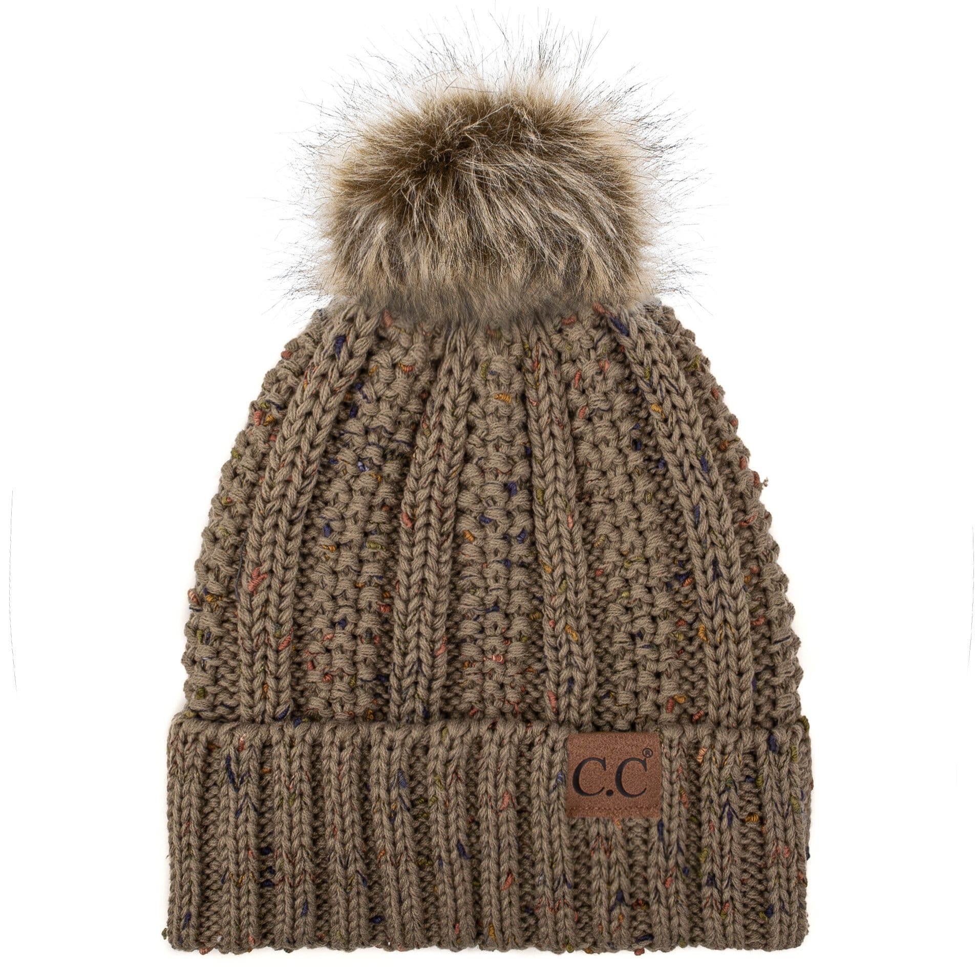 C.C Apparel C.C YJ820 - Thick Cable Knit Hat Faux Fur Pom Pom Fleece Lined Confetti Skull Cap Cuff Beanie