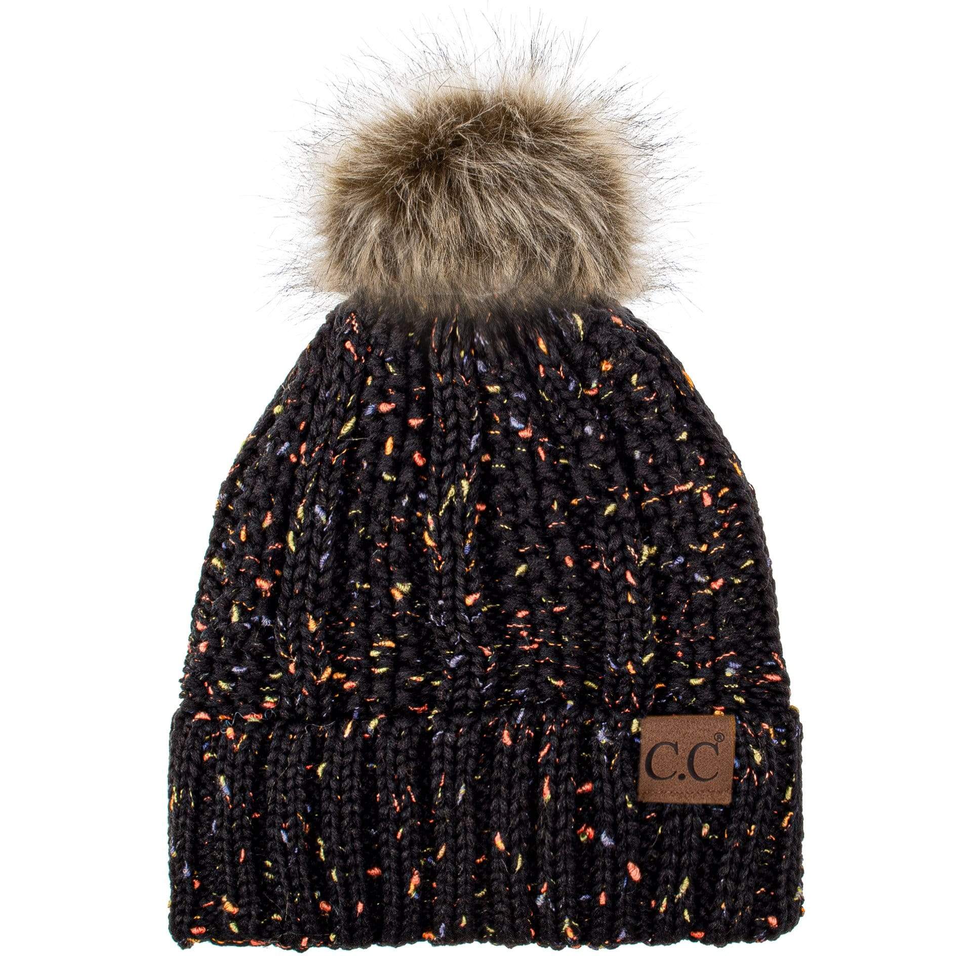 C.C Apparel C.C YJ820 - Thick Cable Knit Hat Faux Fur Pom Pom Fleece Lined Confetti Skull Cap Cuff Beanie