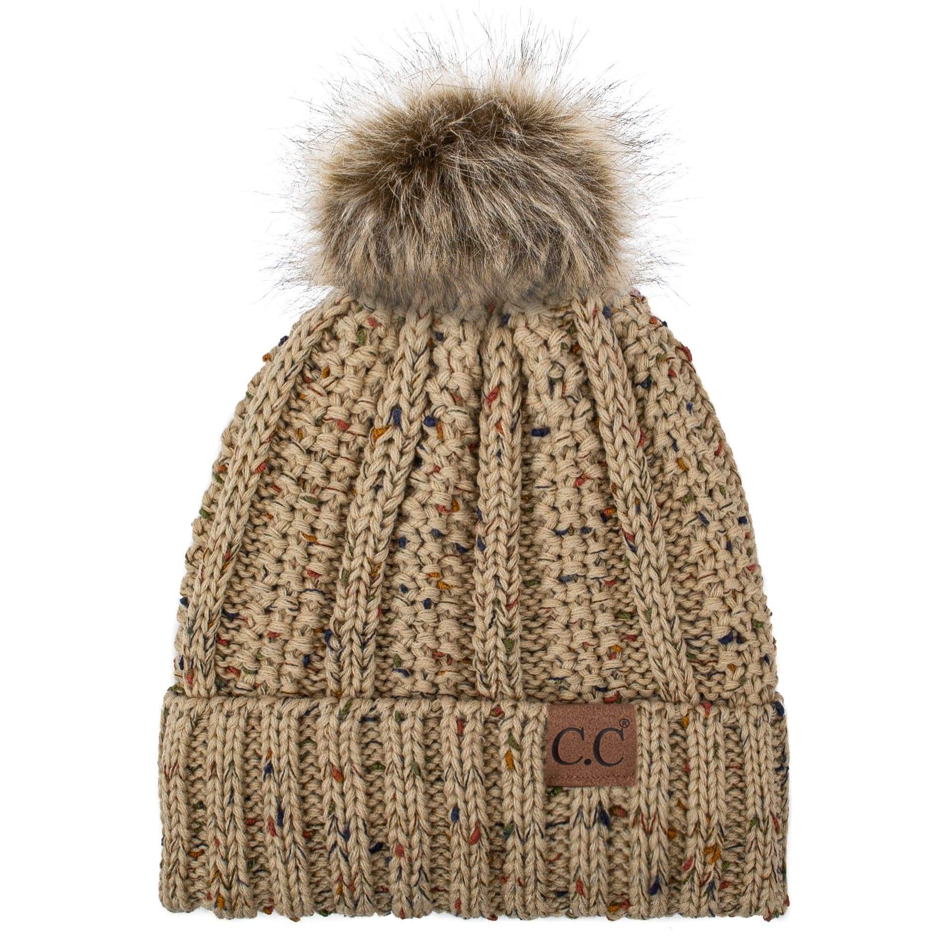 C.C Apparel C.C YJ820 - Thick Cable Knit Hat Faux Fur Pom Pom Fleece Lined Confetti Skull Cap Cuff Beanie