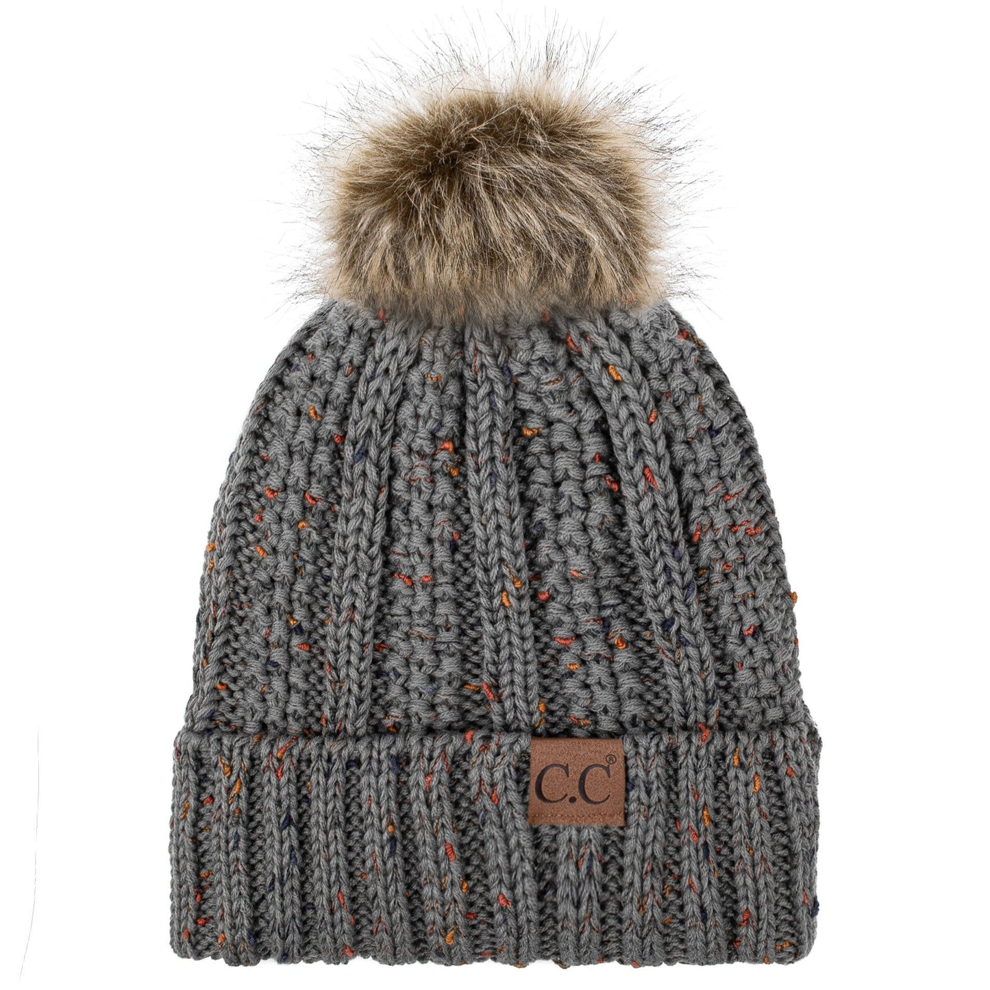 C.C Apparel C.C YJ820 - Thick Cable Knit Hat Faux Fur Pom Pom Fleece Lined Confetti Skull Cap Cuff Beanie