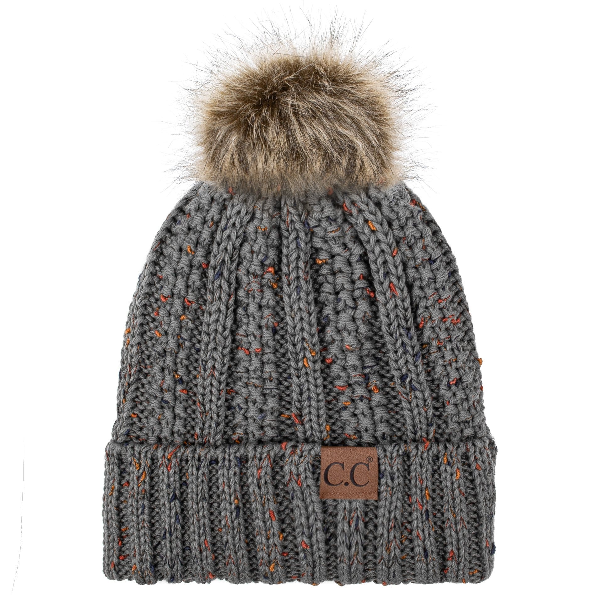 C.C Apparel C.C YJ820 - Thick Cable Knit Hat Faux Fur Pom Pom Fleece Lined Confetti Skull Cap Cuff Beanie