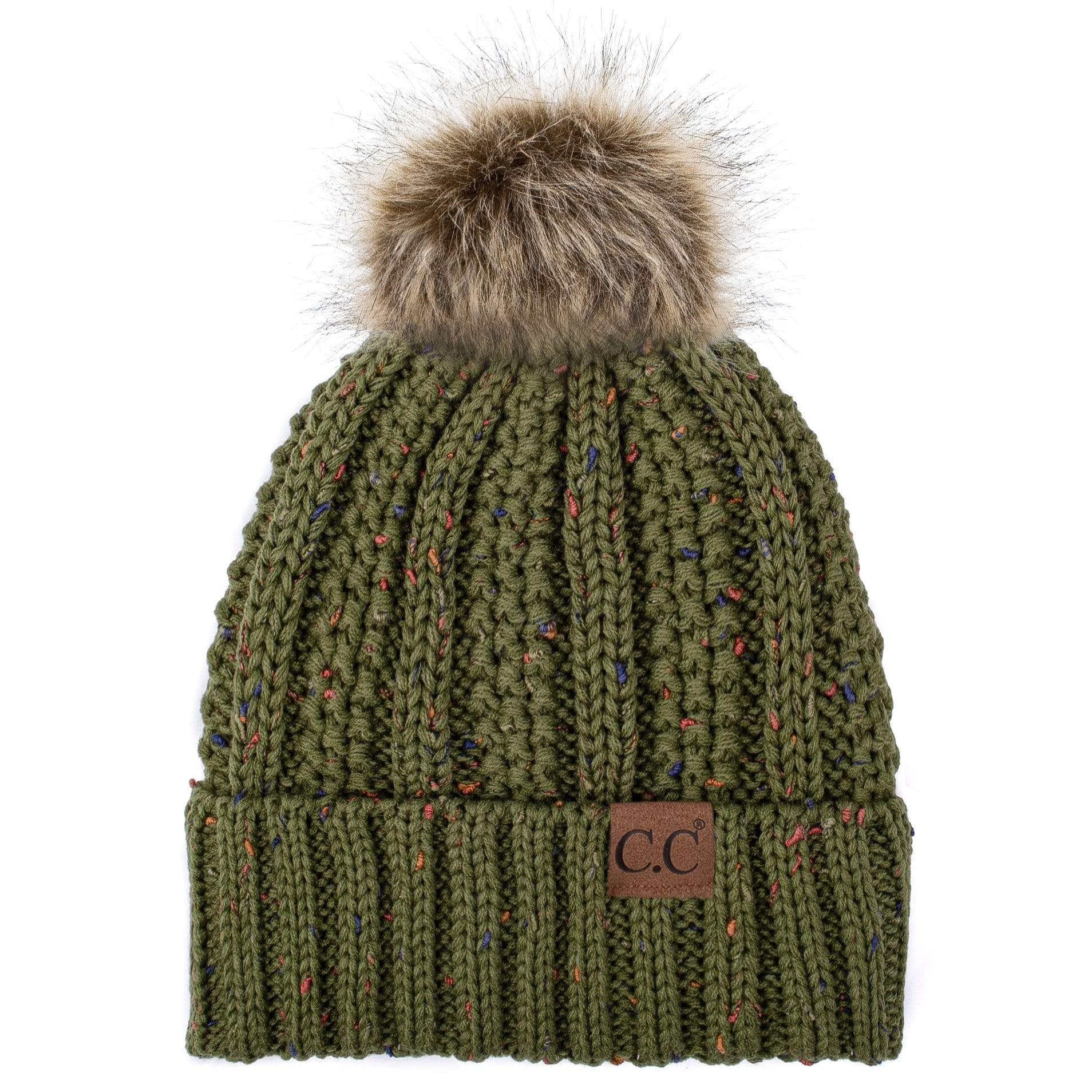 C.C Apparel C.C YJ820 - Thick Cable Knit Hat Faux Fur Pom Pom Fleece Lined Confetti Skull Cap Cuff Beanie