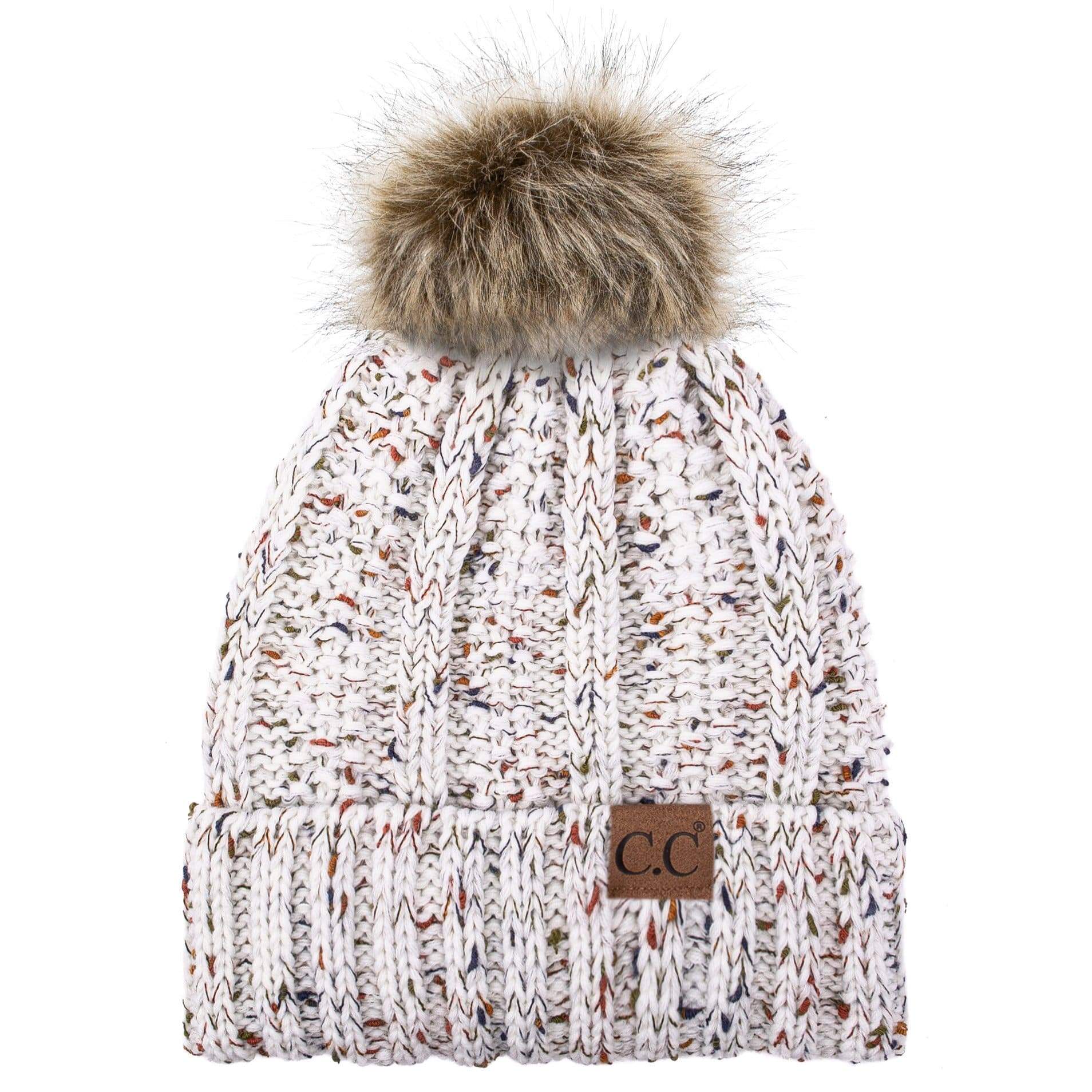 C.C Apparel C.C YJ820 - Thick Cable Knit Hat Faux Fur Pom Pom Fleece Lined Confetti Skull Cap Cuff Beanie
