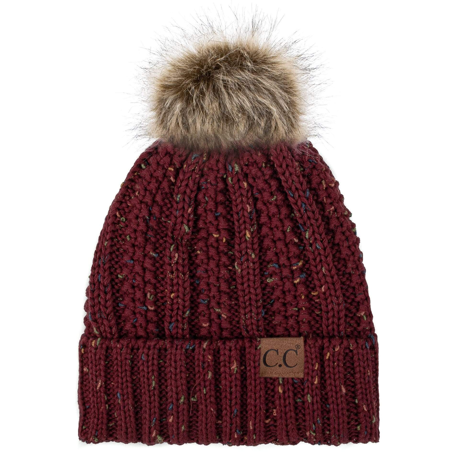 C.C Apparel C.C YJ820 - Thick Cable Knit Hat Faux Fur Pom Pom Fleece Lined Confetti Skull Cap Cuff Beanie