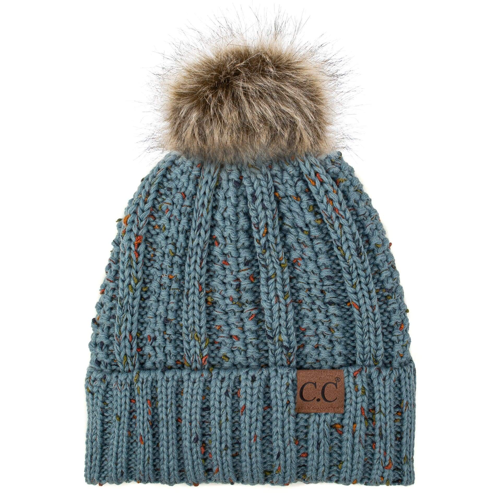 C.C Apparel C.C YJ820 - Thick Cable Knit Hat Faux Fur Pom Pom Fleece Lined Confetti Skull Cap Cuff Beanie