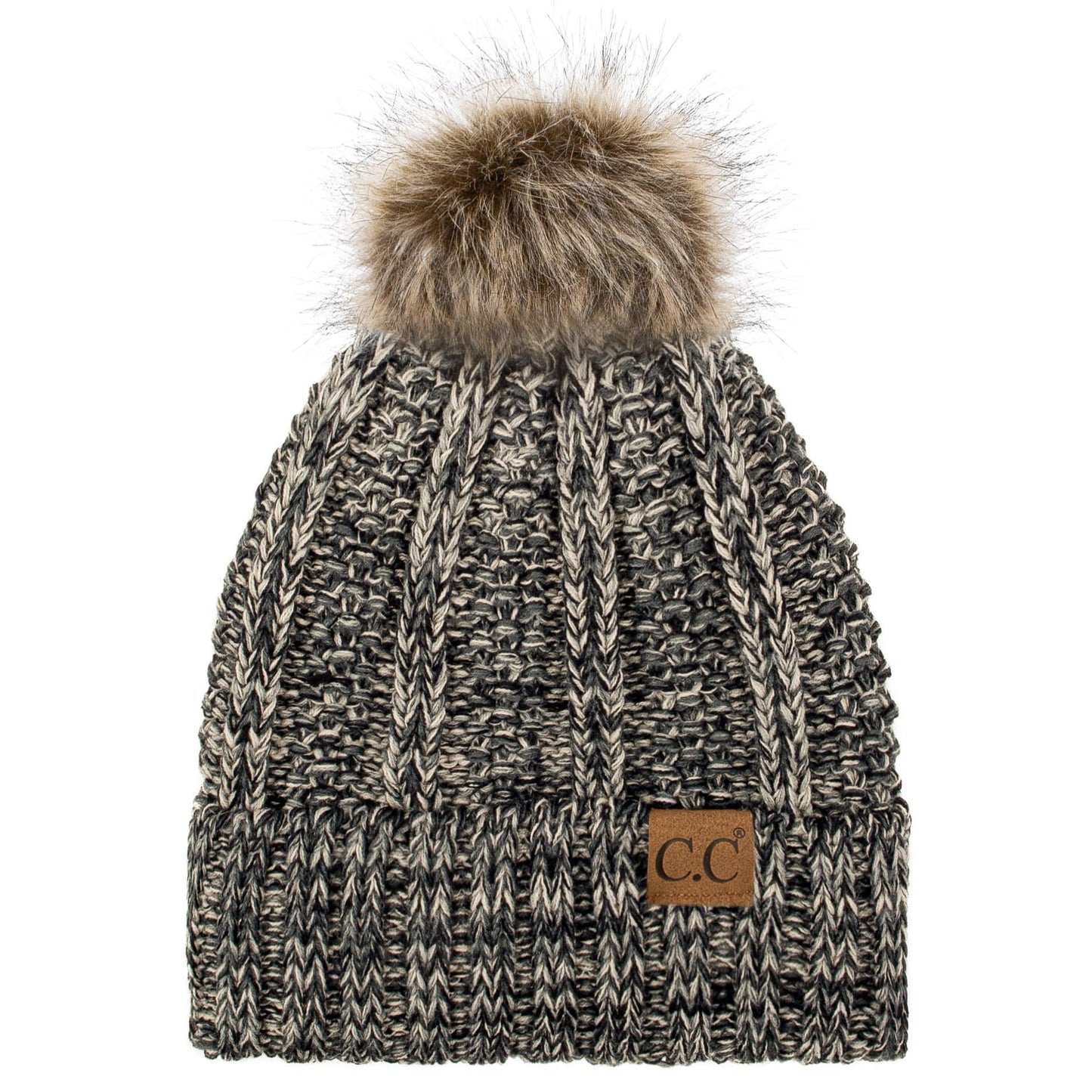 C.C Apparel C.C YJ820 - Thick Cable Knit Hat Faux Fur Pom Pom Fleece Lined Mixed Skull Cap Cuff Beanie