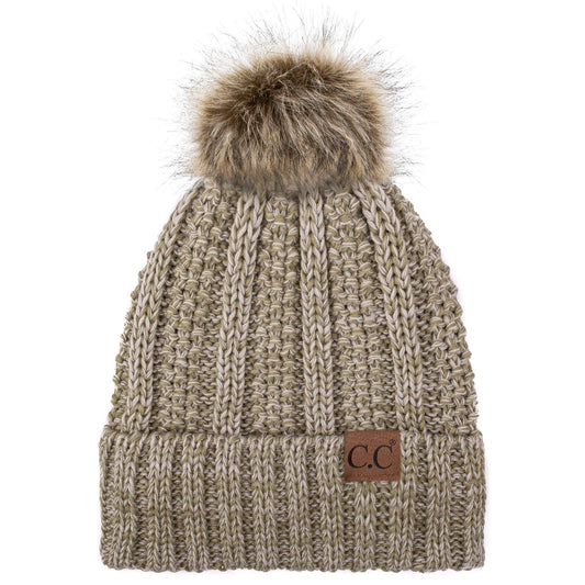 C.C Apparel C.C YJ820 - Thick Cable Knit Hat Faux Fur Pom Pom Fleece Lined Mixed Skull Cap Cuff Beanie